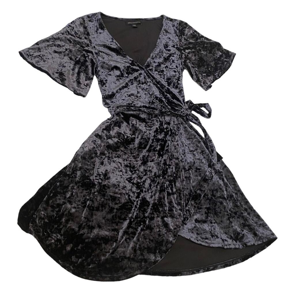 NWOT American Eagle Outfitters Size XS Blue Velvet Wraparound Dress Bell Sleeves